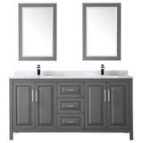 Daria 72 Inch Double Bathroom Vanity in Dark Blue, White Carrara Marble Countertop, Undermount Square Sinks, 24 Inch Mirrors