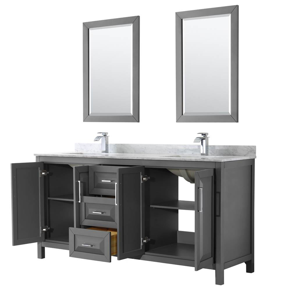 Daria 72 Inch Double Bathroom Vanity in Dark Blue, White Carrara Marble Countertop, Undermount Square Sinks, 24 Inch Mirrors