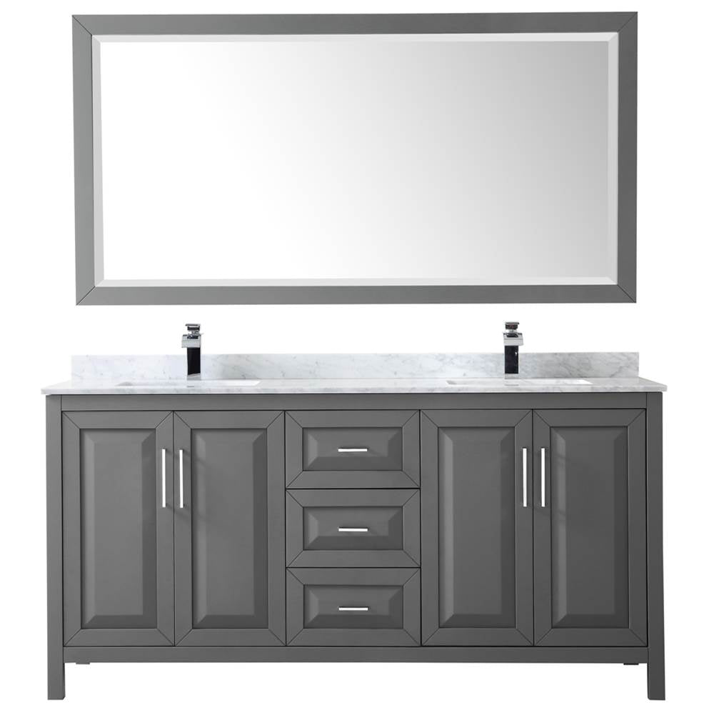 Daria 72 Inch Double Bathroom Vanity in Dark Blue, White Carrara Marble Countertop, Undermount Square Sinks, 70 Inch Mirror