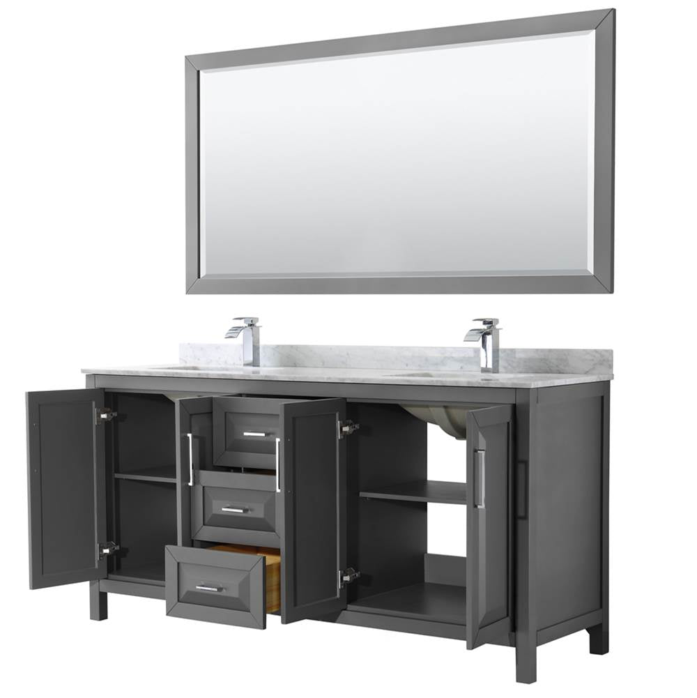 Daria 72 Inch Double Bathroom Vanity in Dark Blue, White Carrara Marble Countertop, Undermount Square Sinks, 70 Inch Mirror