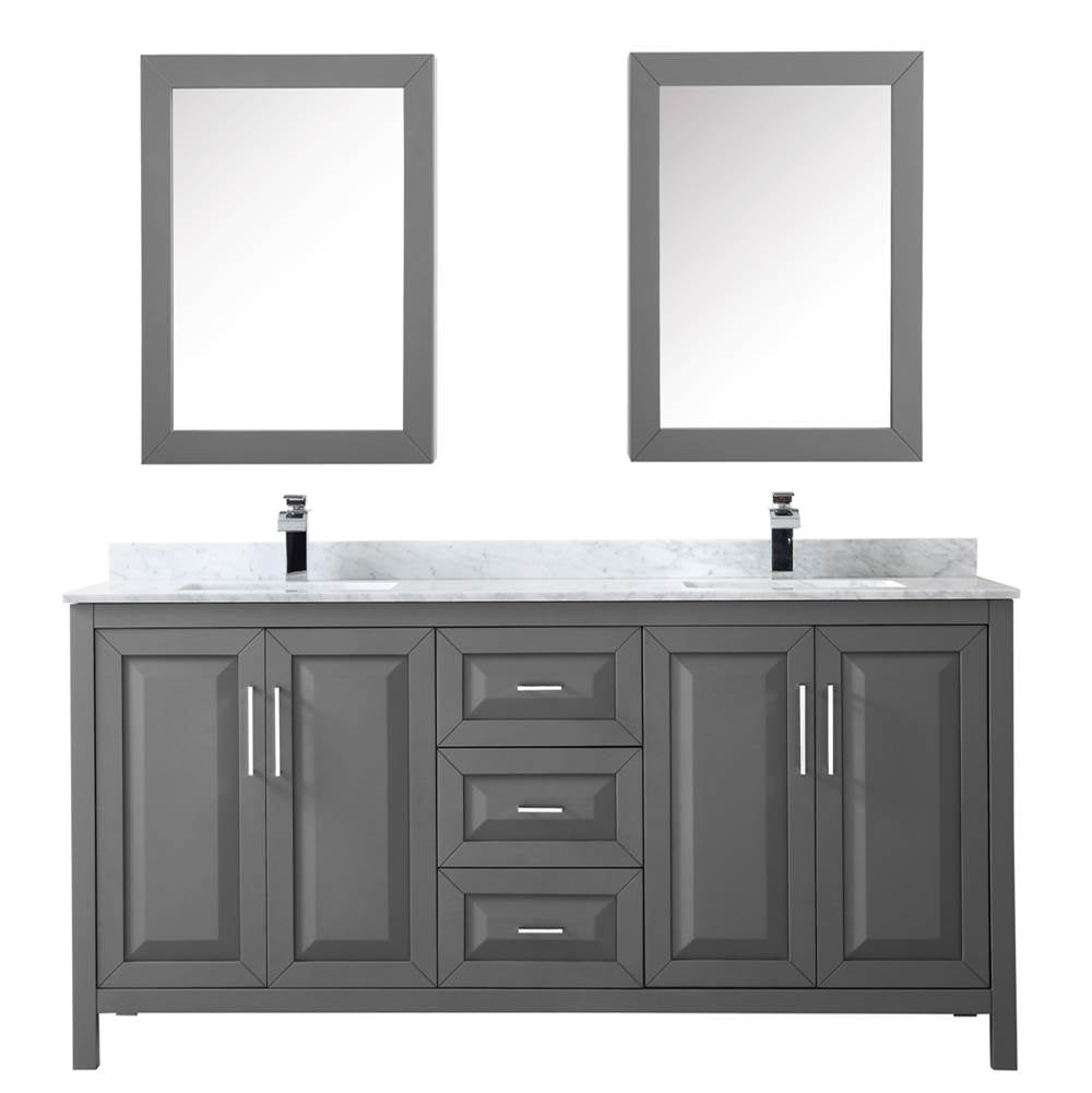 Daria 72 Inch Double Bathroom Vanity in Dark Blue, White Carrara Marble Countertop, Undermount Square Sinks, Medicine Cabinets