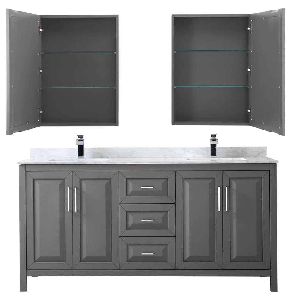 Daria 72 Inch Double Bathroom Vanity in Dark Blue, White Carrara Marble Countertop, Undermount Square Sinks, Medicine Cabinets