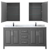 Daria 72 Inch Double Bathroom Vanity in Dark Blue, White Carrara Marble Countertop, Undermount Square Sinks, Medicine Cabinets