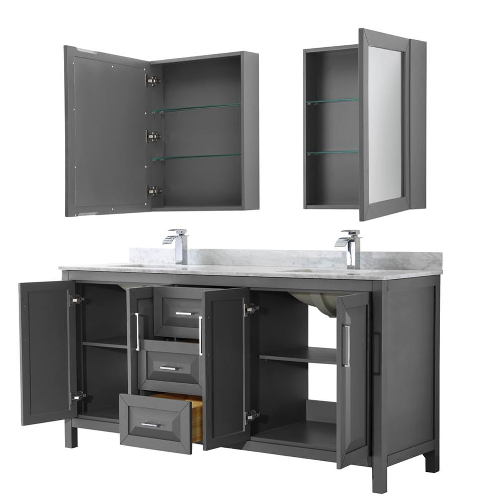 Daria 72 Inch Double Bathroom Vanity in Dark Blue, White Carrara Marble Countertop, Undermount Square Sinks, Medicine Cabinets