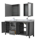 Daria 72 Inch Double Bathroom Vanity in Dark Blue, White Carrara Marble Countertop, Undermount Square Sinks, Medicine Cabinets