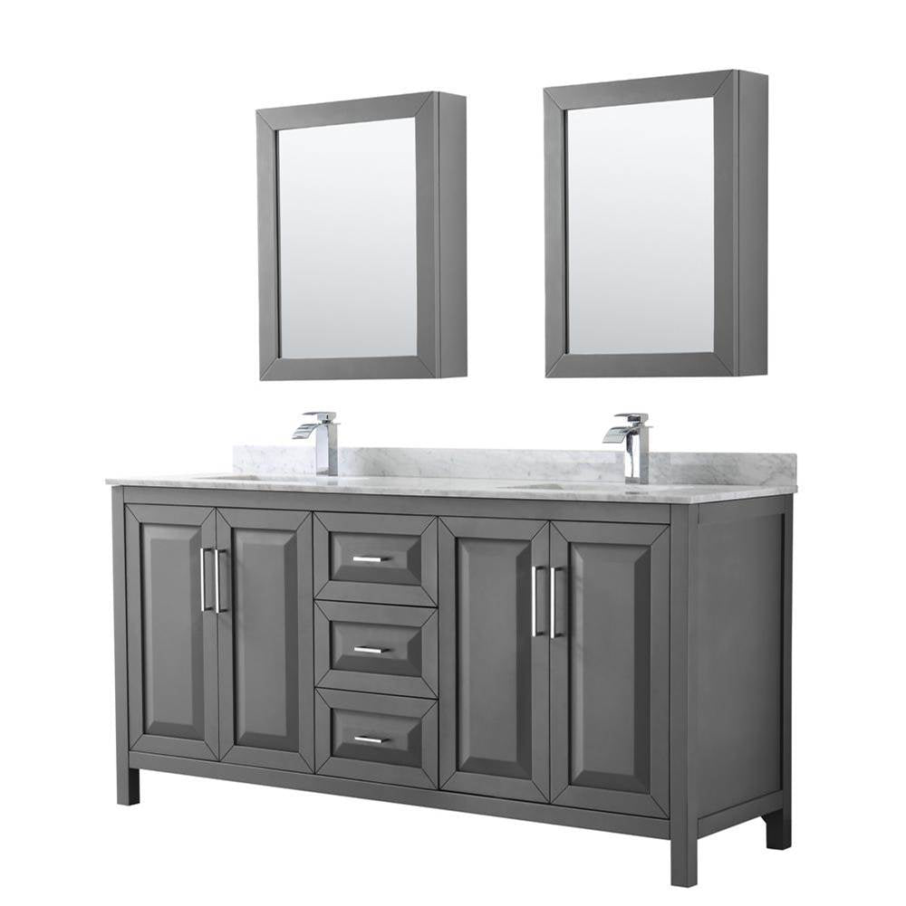 Wyndham Collection - Daria 72 Inch Double Bathroom Vanity in Dark Gray, White Carrara Marble Countertop, Undermount Square Sinks, and Medicine Cabinets - Dark Gray