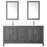 Daria 72 Inch Double Bathroom Vanity in Dark Gray, White Cultured Marble Countertop, Undermount Square Sinks, 24 Inch Mirrors