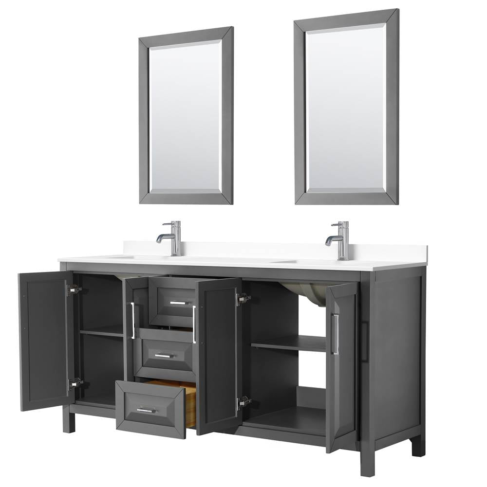 Daria 72 Inch Double Bathroom Vanity in Dark Gray, White Cultured Marble Countertop, Undermount Square Sinks, 24 Inch Mirrors