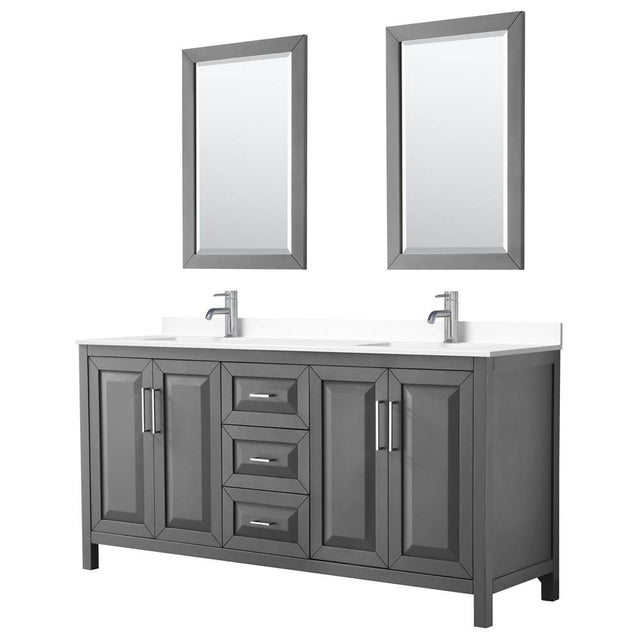 Wyndham Collection - Daria 72 Inch Double Bathroom Vanity in Dark Gray, White Cultured Marble Countertop, Undermount Square Sinks, 24 Inch Mirrors