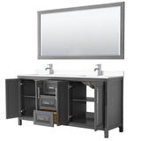Daria 72 Inch Double Bathroom Vanity in Dark Gray, White Cultured Marble Countertop, Undermount Square Sinks, 70 Inch Mirror