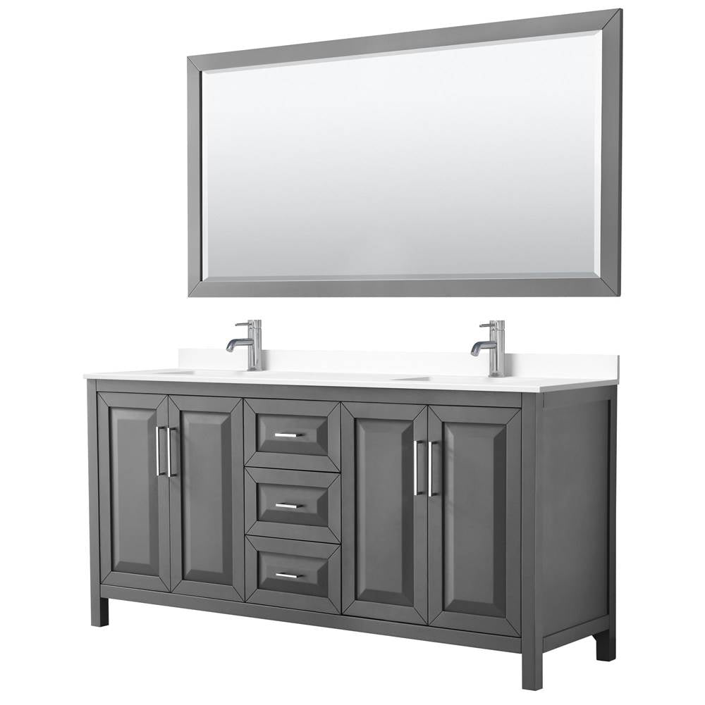 Wyndham Collection - Daria 72 Inch Double Bathroom Vanity in Dark Gray, White Cultured Marble Countertop, Undermount Square Sinks, 70 Inch Mirror