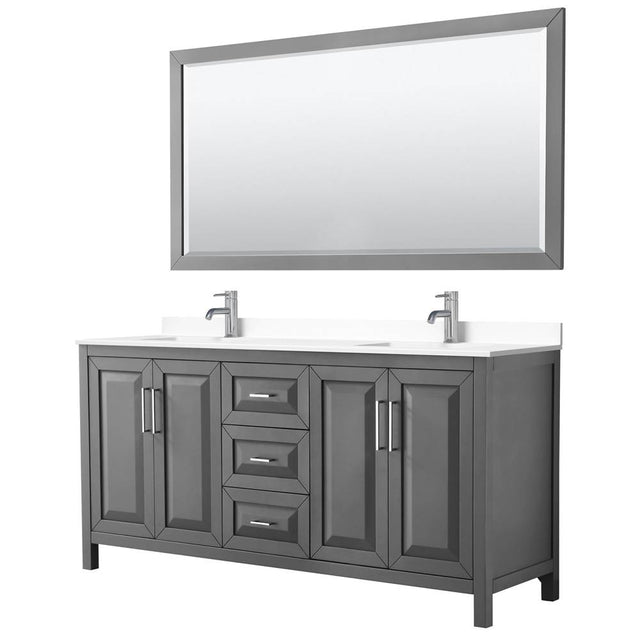 Wyndham Collection - Daria 72 Inch Double Bathroom Vanity in Dark Gray, White Cultured Marble Countertop, Undermount Square Sinks, 70 Inch Mirror