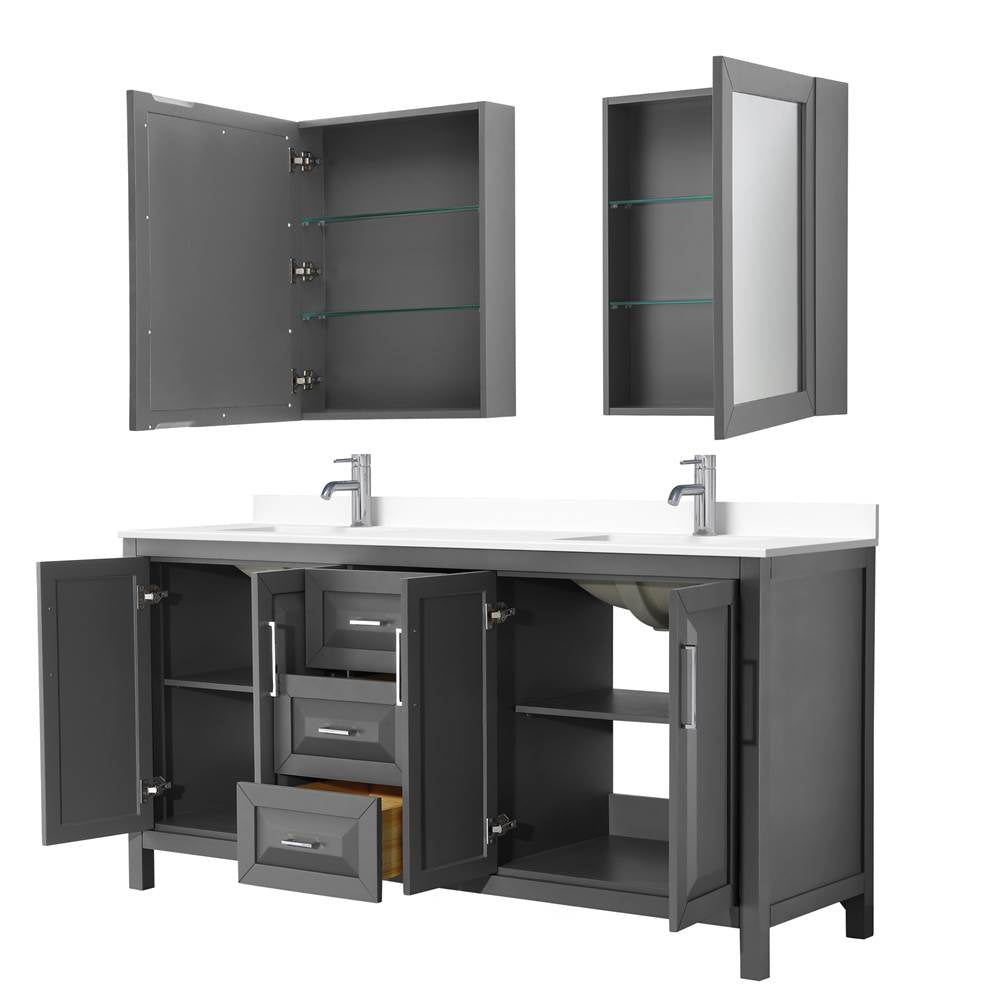Daria 72 Inch Double Bathroom Vanity in Dark Gray, White Cultured Marble Countertop, Undermount Square Sinks, Medicine Cabinets