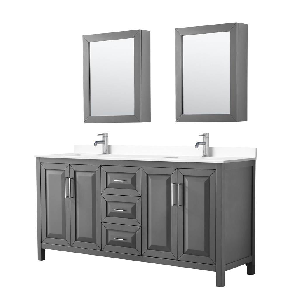 Wyndham Collection - Daria 72 Inch Double Bathroom Vanity in Dark Gray, White Cultured Marble Countertop, Undermount Square Sinks, Medicine Cabinets