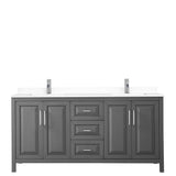 Daria 72 Inch Double Bathroom Vanity in Dark Gray, White Cultured Marble Countertop, Undermount Square Sinks, No Mirror