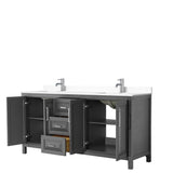 Daria 72 Inch Double Bathroom Vanity in Dark Gray, White Cultured Marble Countertop, Undermount Square Sinks, No Mirror