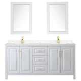 Daria 72 Inch Double Bathroom Vanity in White, Carrara Cultured Marble Countertop, Undermount Square Sinks, 24 Inch Mirrors, Brushed Gold Trim