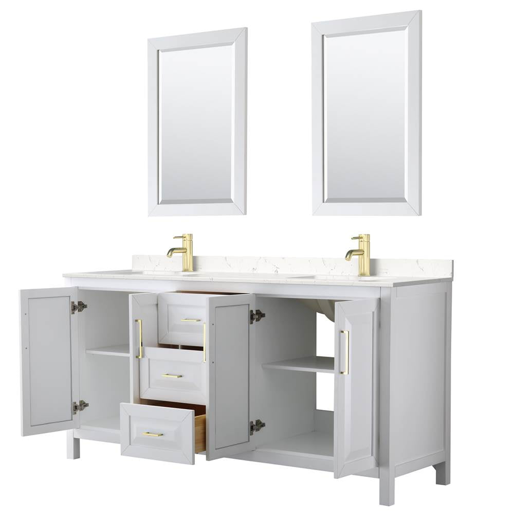Daria 72 Inch Double Bathroom Vanity in White, Carrara Cultured Marble Countertop, Undermount Square Sinks, 24 Inch Mirrors, Brushed Gold Trim