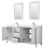 Daria 72 Inch Double Bathroom Vanity in White, Carrara Cultured Marble Countertop, Undermount Square Sinks, 24 Inch Mirrors, Brushed Gold Trim