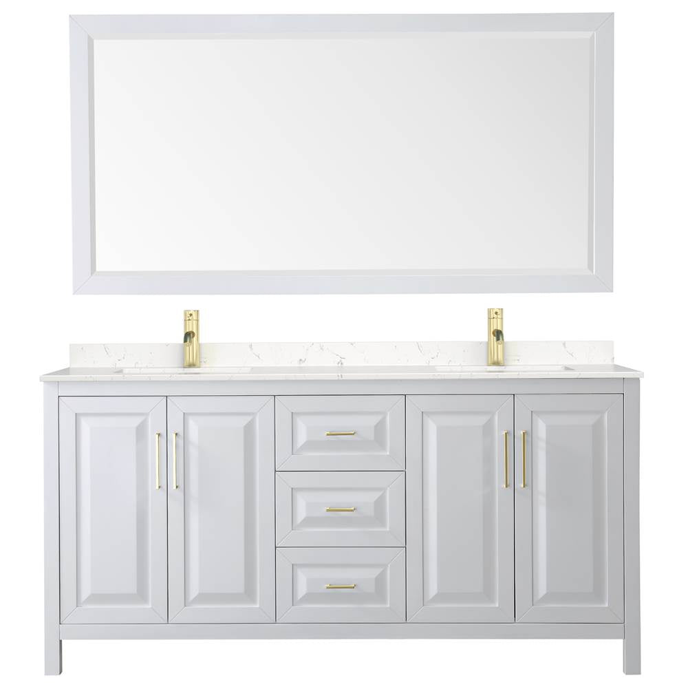 Daria 72 Inch Double Bathroom Vanity in White, Carrara Cultured Marble Countertop, Undermount Square Sinks, 70 Inch Mirror, Brushed Gold Trim