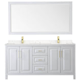 Daria 72 Inch Double Bathroom Vanity in White, Carrara Cultured Marble Countertop, Undermount Square Sinks, 70 Inch Mirror, Brushed Gold Trim