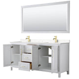 Daria 72 Inch Double Bathroom Vanity in White, Carrara Cultured Marble Countertop, Undermount Square Sinks, 70 Inch Mirror, Brushed Gold Trim