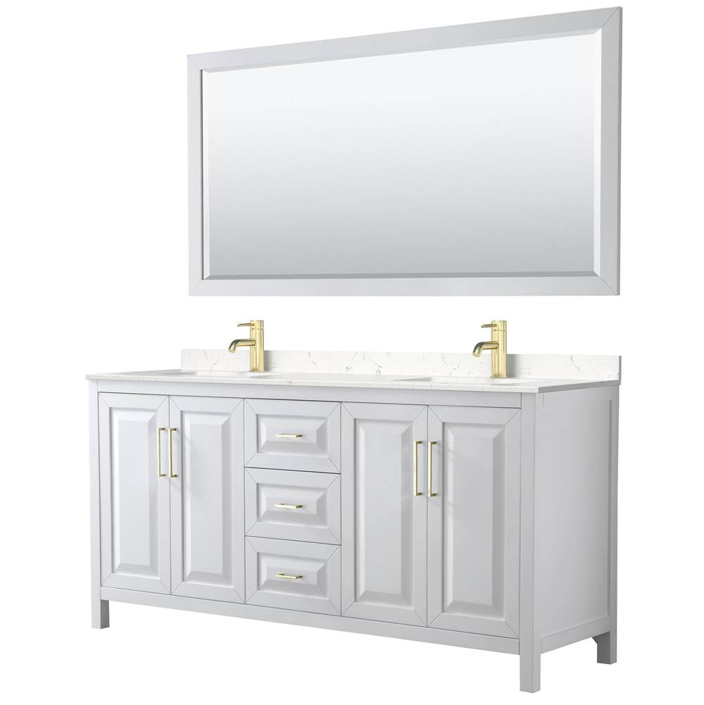 Wyndham Collection - Daria 72 Inch Double Bathroom Vanity in White, Carrara Cultured Marble Countertop, Undermount Square Sinks, 70 Inch Mirror, Brushed Gold Trim