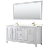 Wyndham Collection - Daria 72 Inch Double Bathroom Vanity in White, Carrara Cultured Marble Countertop, Undermount Square Sinks, 70 Inch Mirror, Brushed Gold Trim
