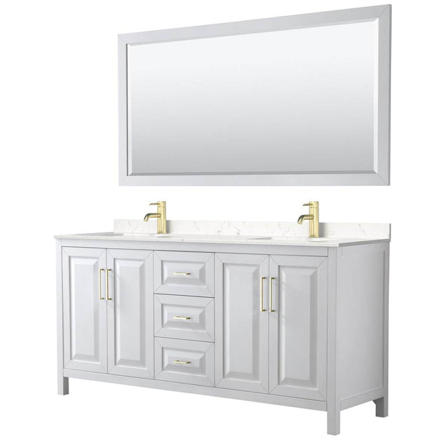 Wyndham Collection - Daria 72 Inch Double Bathroom Vanity in White, Carrara Cultured Marble Countertop, Undermount Square Sinks, 70 Inch Mirror, Brushed Gold Trim