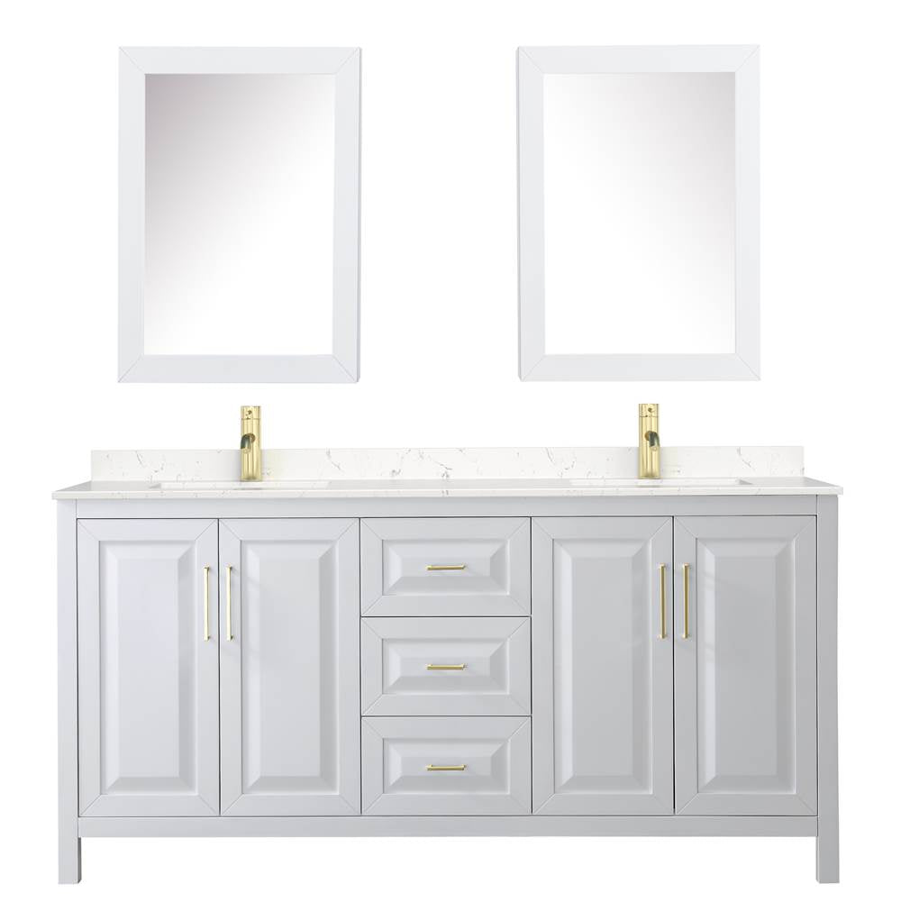 Daria 72 Inch Double Bathroom Vanity in White, Carrara Cultured Marble Countertop, Undermount Square Sinks, Medicine Cabinets, Brushed Gold Trim