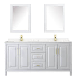 Daria 72 Inch Double Bathroom Vanity in White, Carrara Cultured Marble Countertop, Undermount Square Sinks, Medicine Cabinets, Brushed Gold Trim