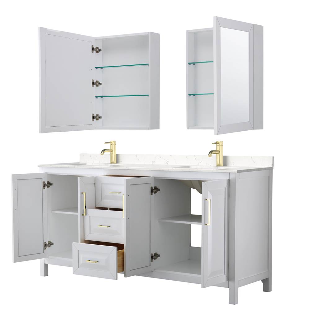 Daria 72 Inch Double Bathroom Vanity in White, Carrara Cultured Marble Countertop, Undermount Square Sinks, Medicine Cabinets, Brushed Gold Trim