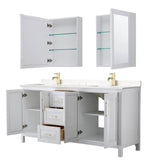 Daria 72 Inch Double Bathroom Vanity in White, Carrara Cultured Marble Countertop, Undermount Square Sinks, Medicine Cabinets, Brushed Gold Trim