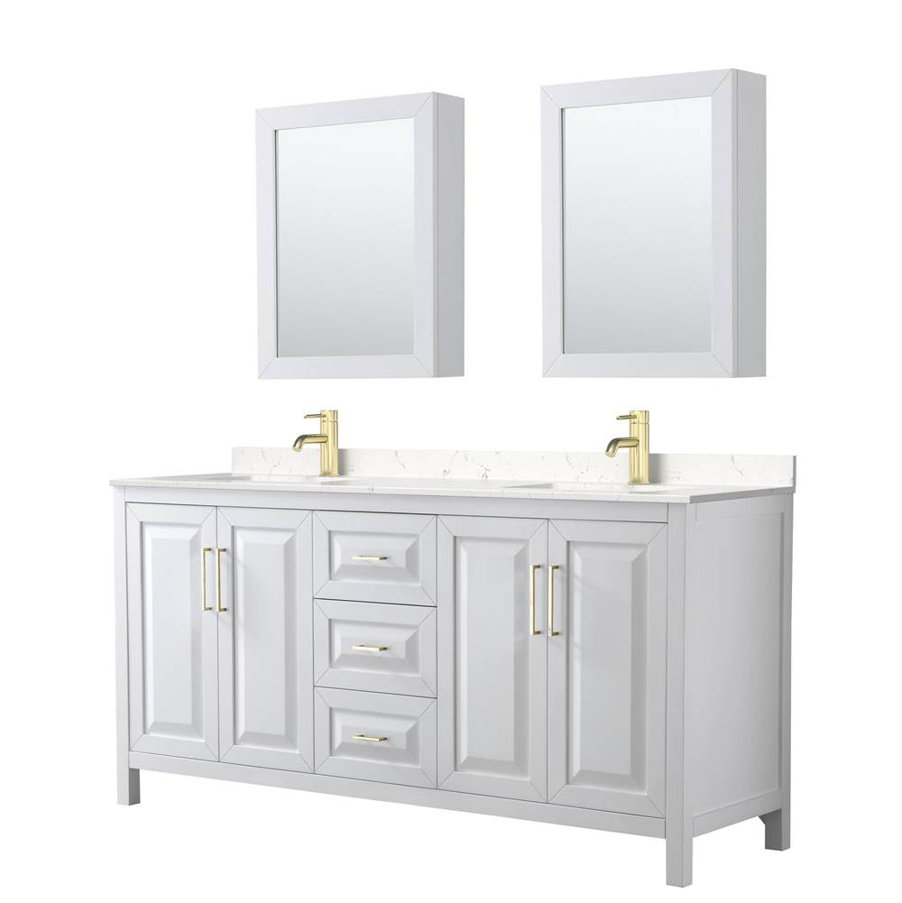 Wyndham Collection - Daria 72 Inch Double Bathroom Vanity in White, Carrara Cultured Marble Countertop, Undermount Square Sinks, Medicine Cabinets, Brushed Gold Trim
