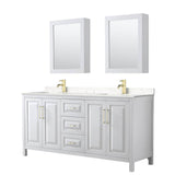 Wyndham Collection - Daria 72 Inch Double Bathroom Vanity in White, Carrara Cultured Marble Countertop, Undermount Square Sinks, Medicine Cabinets, Brushed Gold Trim