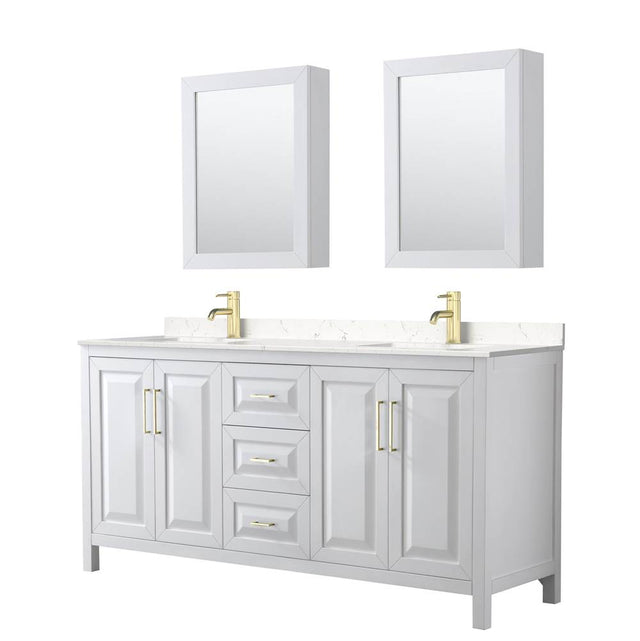 Wyndham Collection - Daria 72 Inch Double Bathroom Vanity in White, Carrara Cultured Marble Countertop, Undermount Square Sinks, Medicine Cabinets, Brushed Gold Trim