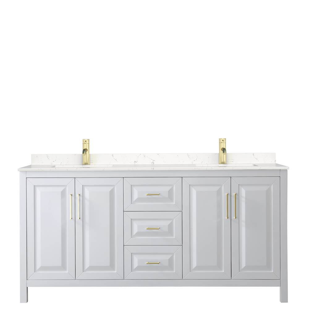 Daria 72 Inch Double Bathroom Vanity in White, Carrara Cultured Marble Countertop, Undermount Square Sinks, Brushed Gold Trim