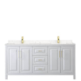 Daria 72 Inch Double Bathroom Vanity in White, Carrara Cultured Marble Countertop, Undermount Square Sinks, Brushed Gold Trim
