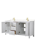 Daria 72 Inch Double Bathroom Vanity in White, Carrara Cultured Marble Countertop, Undermount Square Sinks, Brushed Gold Trim