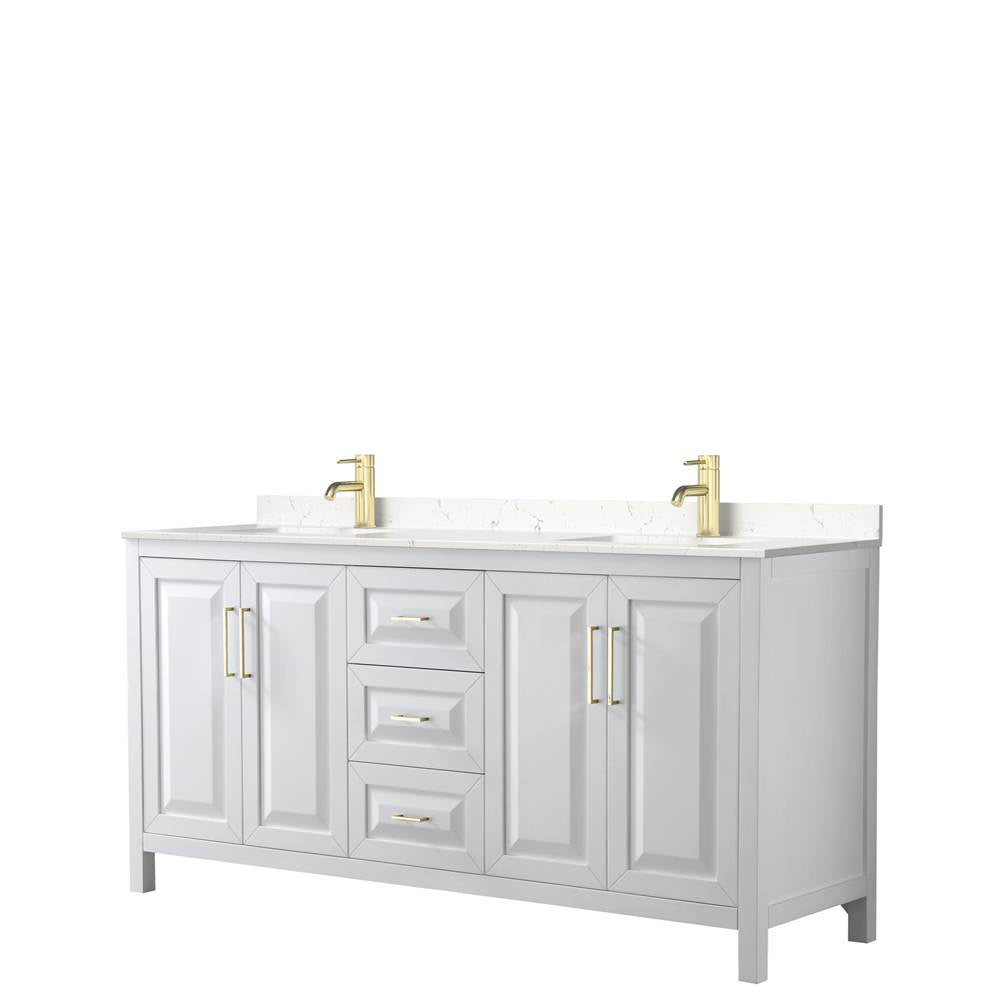 Wyndham Collection - Daria 72 Inch Double Bathroom Vanity in White, Carrara Cultured Marble Countertop, Undermount Square Sinks, Brushed Gold Trim