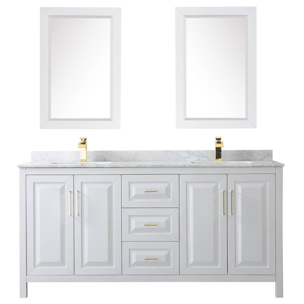 Daria 72 Inch Double Bathroom Vanity in White, White Carrara Marble Countertop, Undermount Square Sinks, 24 Inch Mirrors, Brushed Gold Trim