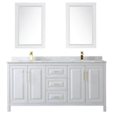 Daria 72 Inch Double Bathroom Vanity in White, White Carrara Marble Countertop, Undermount Square Sinks, 24 Inch Mirrors, Brushed Gold Trim