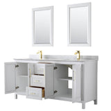 Daria 72 Inch Double Bathroom Vanity in White, White Carrara Marble Countertop, Undermount Square Sinks, 24 Inch Mirrors, Brushed Gold Trim