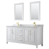 Wyndham Collection - Daria 72 Inch Double Bathroom Vanity in White, White Carrara Marble Countertop, Undermount Square Sinks, 24 Inch Mirrors, Brushed Gold Trim