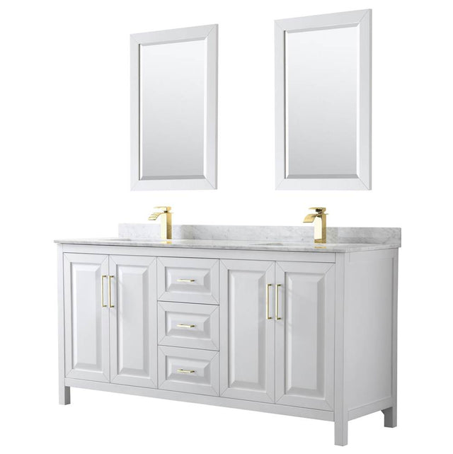 Wyndham Collection - Daria 72 Inch Double Bathroom Vanity in White, White Carrara Marble Countertop, Undermount Square Sinks, 24 Inch Mirrors, Brushed Gold Trim