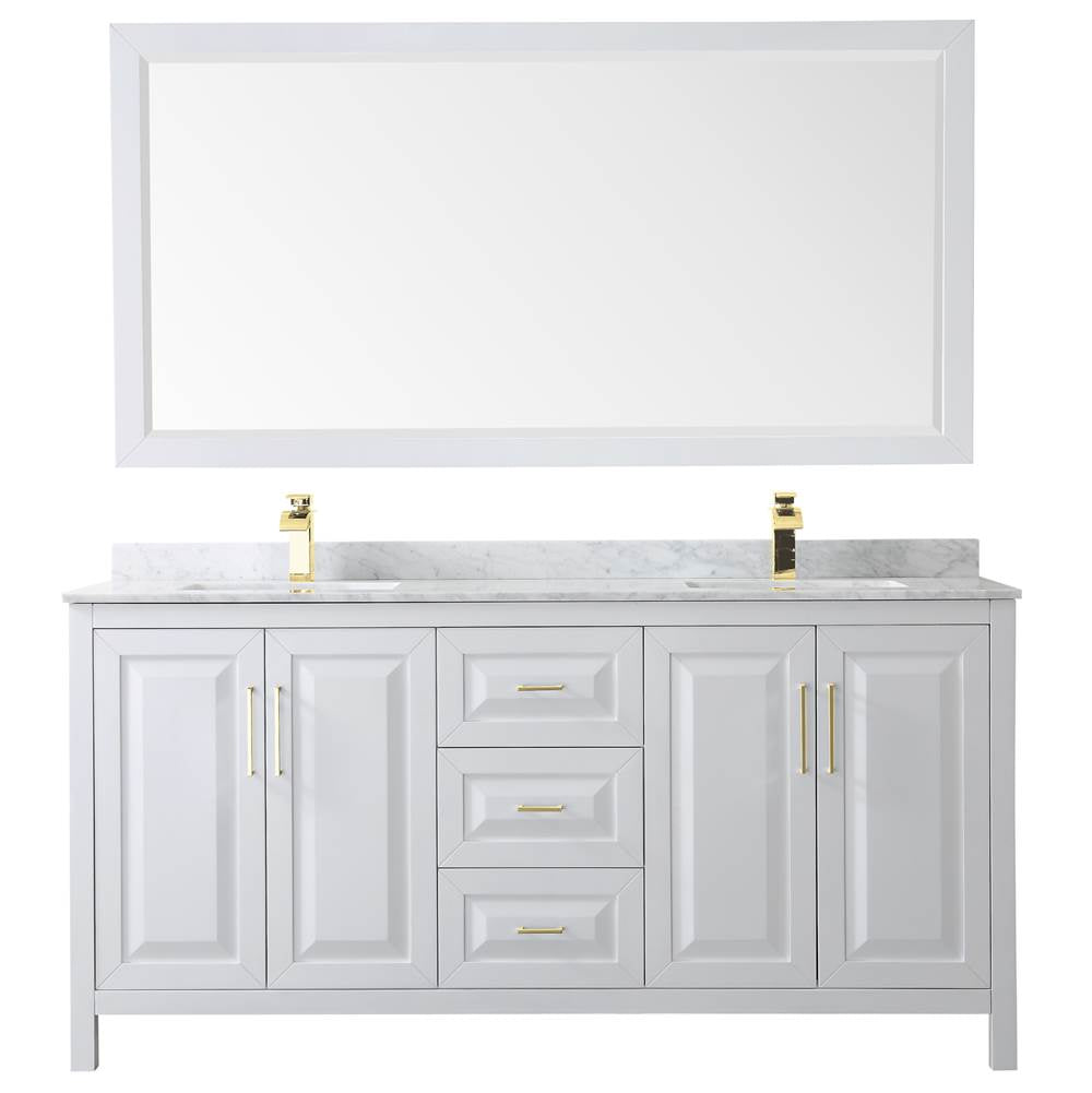Daria 72 Inch Double Bathroom Vanity in White, White Carrara Marble Countertop, Undermount Square Sinks, 70 Inch Mirror, Brushed Gold Trim