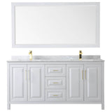 Daria 72 Inch Double Bathroom Vanity in White, White Carrara Marble Countertop, Undermount Square Sinks, 70 Inch Mirror, Brushed Gold Trim