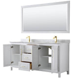 Daria 72 Inch Double Bathroom Vanity in White, White Carrara Marble Countertop, Undermount Square Sinks, 70 Inch Mirror, Brushed Gold Trim