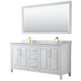Wyndham Collection - Daria 72 Inch Double Bathroom Vanity in White, White Carrara Marble Countertop, Undermount Square Sinks, 70 Inch Mirror, Brushed Gold Trim