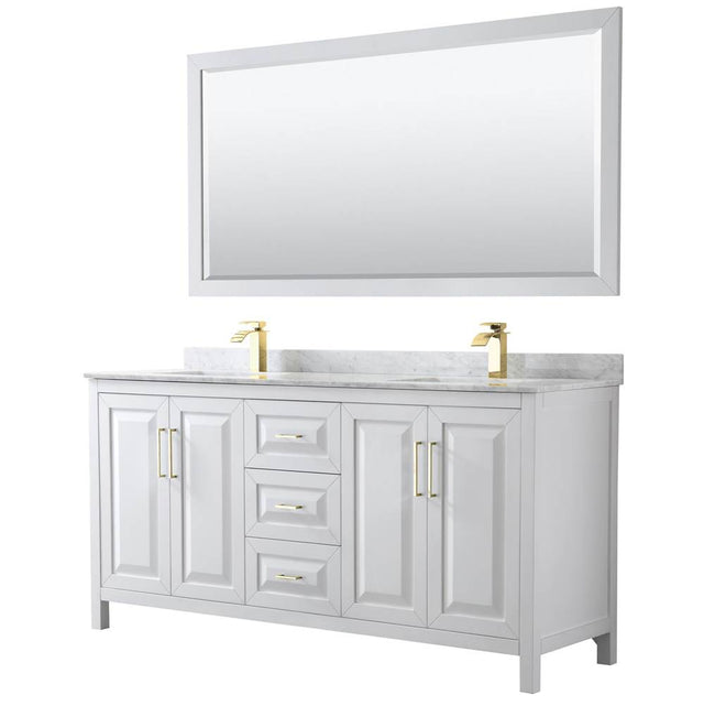 Wyndham Collection - Daria 72 Inch Double Bathroom Vanity in White, White Carrara Marble Countertop, Undermount Square Sinks, 70 Inch Mirror, Brushed Gold Trim